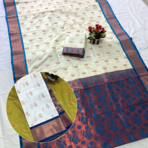 Alluring Nath Paithani Jacquard Soft Silk Saree With Superb Blouse Piece (Creame - Turquoise)