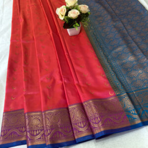 Felicitous Jacquard Chandrakor Banarasi Soft Silk Saree With Contrast Blouse Piece (Pink - Turquoise)