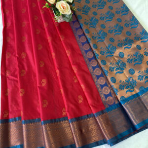 Dazzling Nath Paithani Jacquard Soft Silk Saree With Superb Blouse Piece (Red - Turquoise)