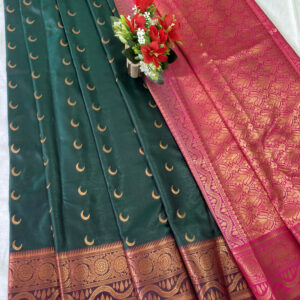 Lovely Jacquard Chandrakor Banarasi Soft Silk Saree With Contrast Blouse Piece (DeepGreen - Pink)