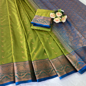 Gorgeous Jacquard Chandrakor Banarasi Soft Silk Saree With Contrast Blouse Piece (LemonGreen -Blue)