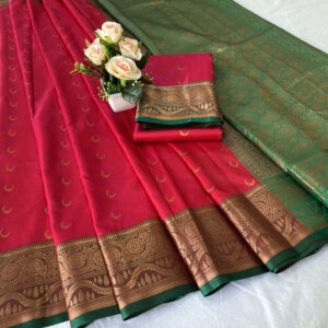 Radiant Jacquard Chandrakor Banarasi Soft Silk Saree With Contrast Blouse Piece (Red - Green)