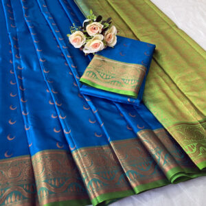 Pleasant Jacquard Chandrakor Banarasi Soft Silk Saree With Contrast Blouse Piece (RoyalBlue - Green)