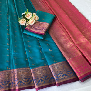 Graceful Jacquard Chandrakor Banarasi Soft Silk Saree With Contrast Blouse Piece (TealBlue - Red)