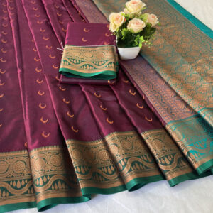 Exquisite Jacquard Chandrakor Banarasi Soft Silk Saree With Contrast Blouse Piece (Purple - Turquoise)