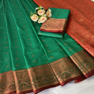 Intriguing Jacquard Chandrakor Banarasi Soft Silk Saree With Contrast Blouse Piece (TealGreen - Red)